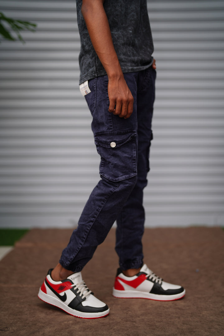 Men's Cargo Jogger Jeans | Slim Fit Stretch Denim Cargo Pants - Navy Blue