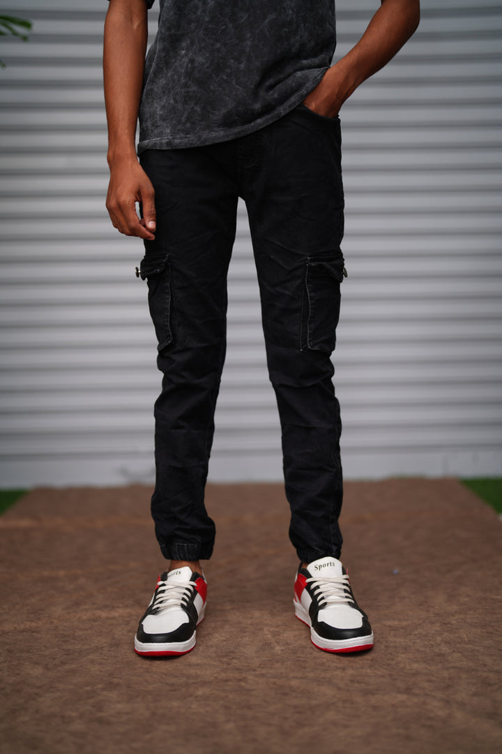 Men's Cargo Jogger Jeans | Premium Slim Fit Stretch Denim Cargo Pants for Men - Black
