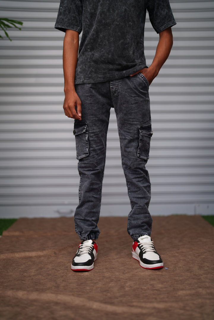 Men's Cargo Jogger Jeans | Slim Fit Stretch Washed Denim Cargo Pants -  Charcoal Grey