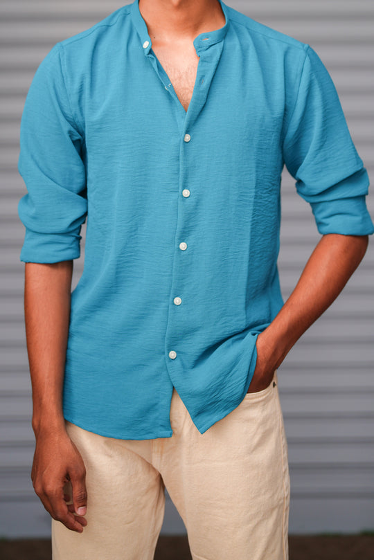 Soft Linen Shirt for Men – Lightweight Casual Full Sleeve Shirt - Sky Blue – alternate view – 7MAN India