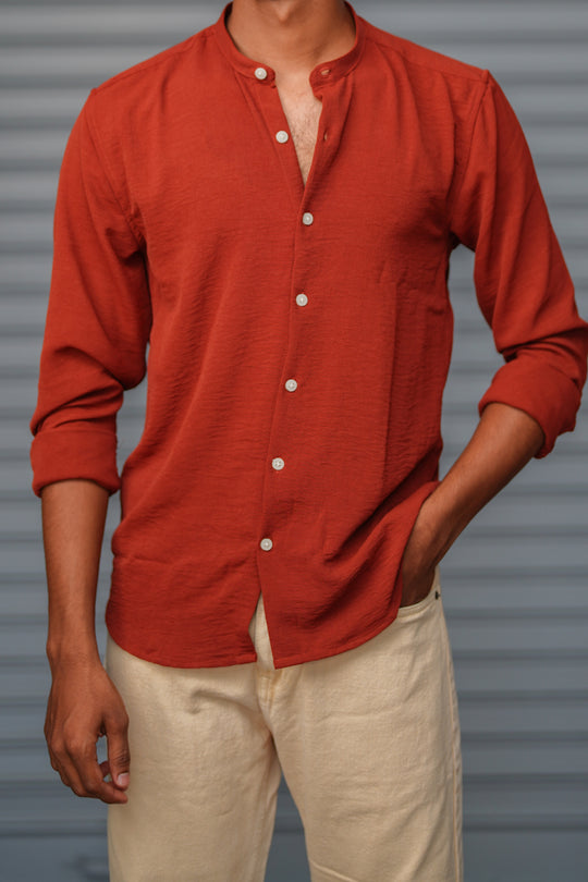 Soft Linen Shirt for Men – Lightweight Casual Full Sleeve Shirt - Rust Orange – alternate view – 7MAN India