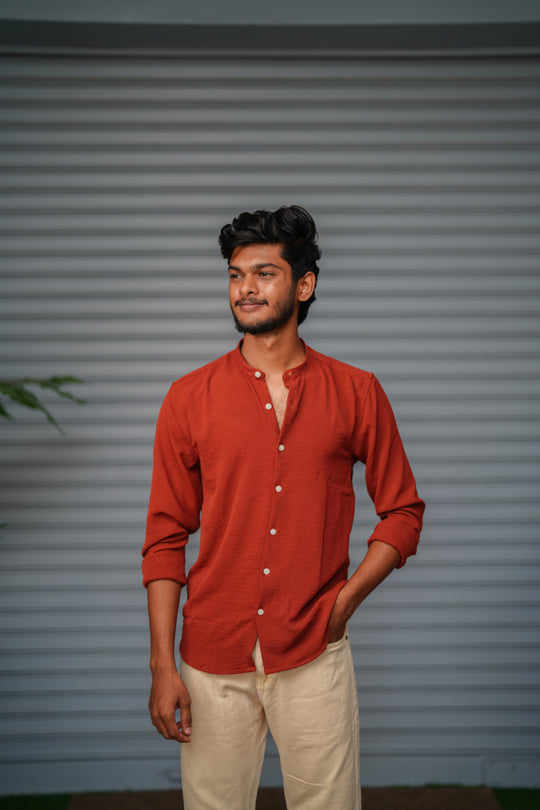 Soft Linen Shirt for Men – Lightweight Casual Full Sleeve Shirt - Rust Orange – 7MAN Men's Fashion India