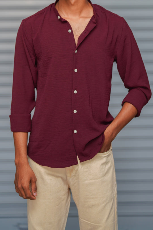 Soft Linen Shirt for Men – Lightweight Casual Full Sleeve Shirt - Wine – alternate view – 7MAN India
