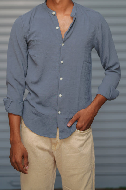 Soft Linen Shirt for Men – Lightweight Casual Full Sleeve Shirt - Slate Grey – alternate view – 7MAN India