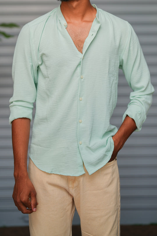 Soft Linen Shirt for Men – Lightweight Casual Full Sleeve Shirt - Mint Green – alternate view – 7MAN India