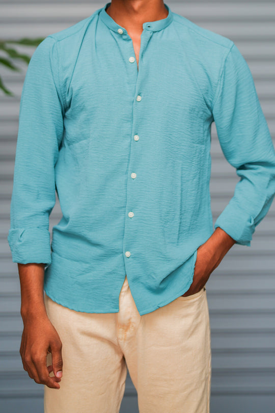 Soft Linen Shirt for Men – Lightweight Casual Full Sleeve Shirt - Aqua Blue – alternate view – 7MAN India