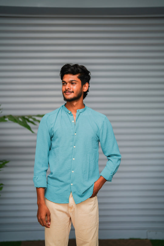 Soft Linen Shirt for Men – Lightweight Casual Full Sleeve Shirt - Aqua Blue – 7MAN Men's Fashion India
