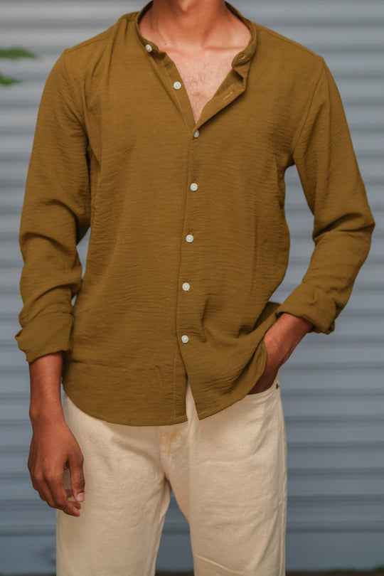 Soft Linen Shirt for Men – Lightweight Casual Full Sleeve Shirt - Olive Green – alternate view – 7MAN India