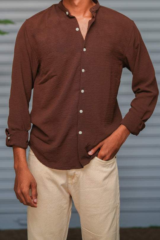 Soft Linen Shirt for Men – Lightweight Casual Full Sleeve Shirt - Coffee Brown – alternate view – 7MAN India