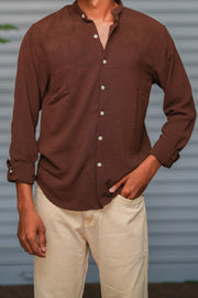 Soft Linen Shirt for Men – Lightweight Casual Full Sleeve Shirt - Coffee Brown