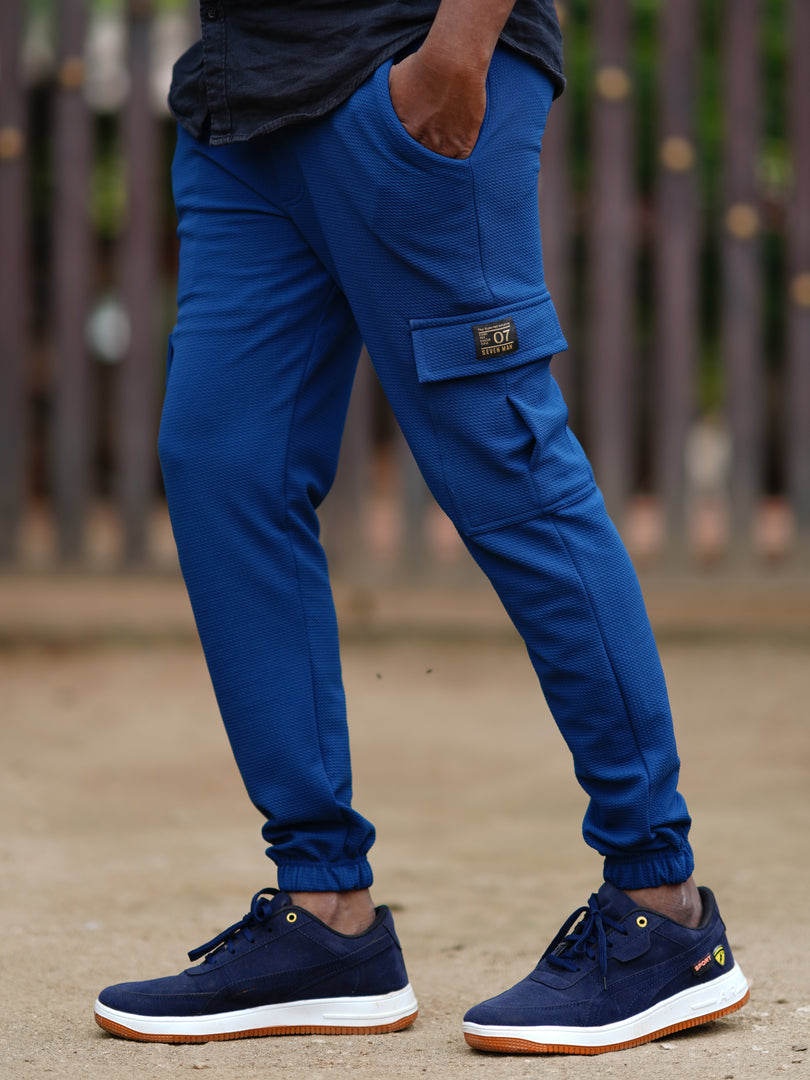 Men's Stylish Regular Fit POPCORN CARGO TRACK  PANT- PETROL  BLUE