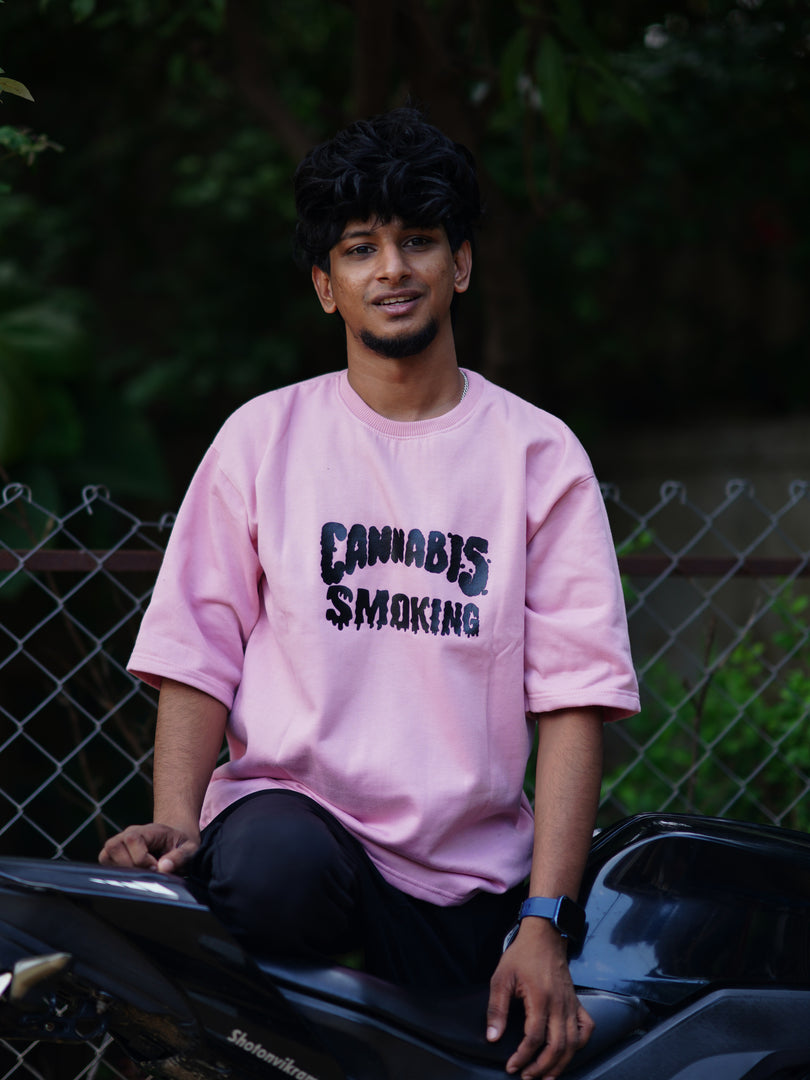 Anime Back Printed Men's CANNABIS  SMOKING T-Shirt - Peach  colour