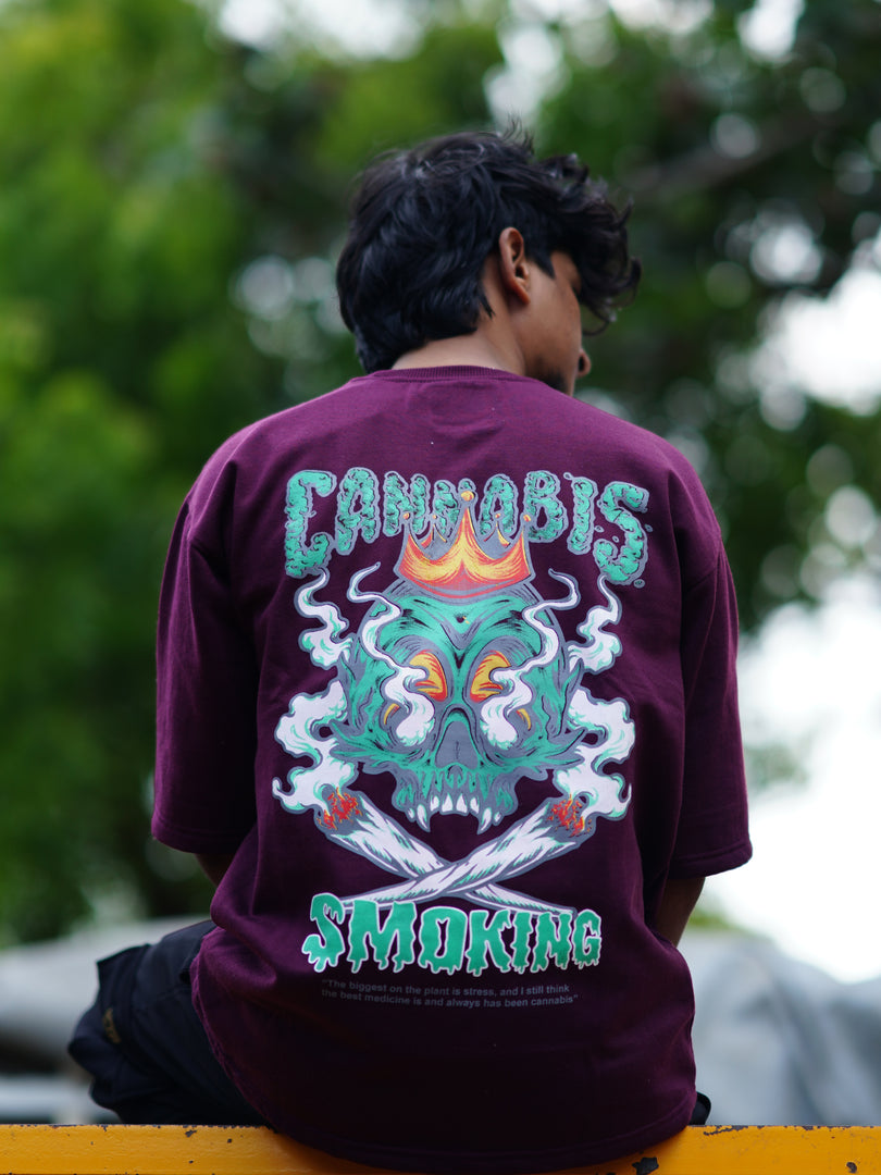 Anime Back Printed Men's CANNABIS  SMOKING  T-Shirt - MAROON COLOUR