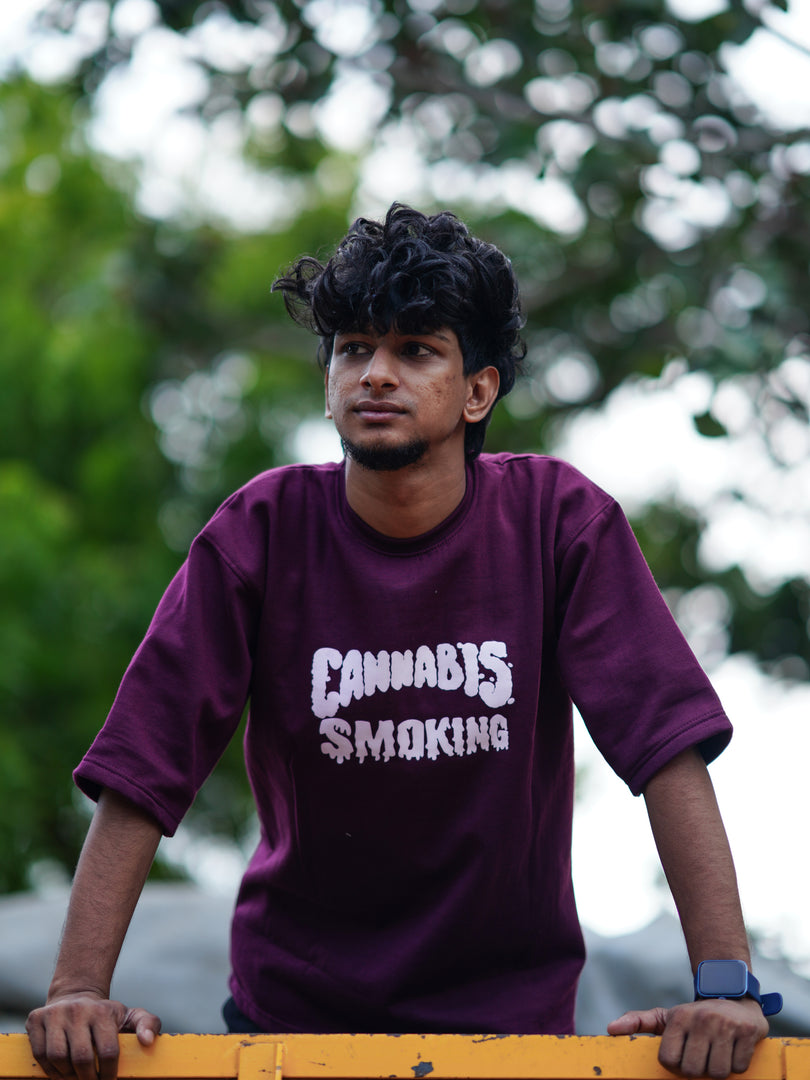 Anime Back Printed Men's CANNABIS  SMOKING  T-Shirt - MAROON COLOUR