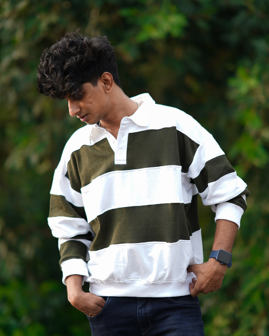 ATTRACTIVE COLLAR CUTTENS FULL SLEEVE TSHIRT-WHITE WITH MEHANDI GREEN