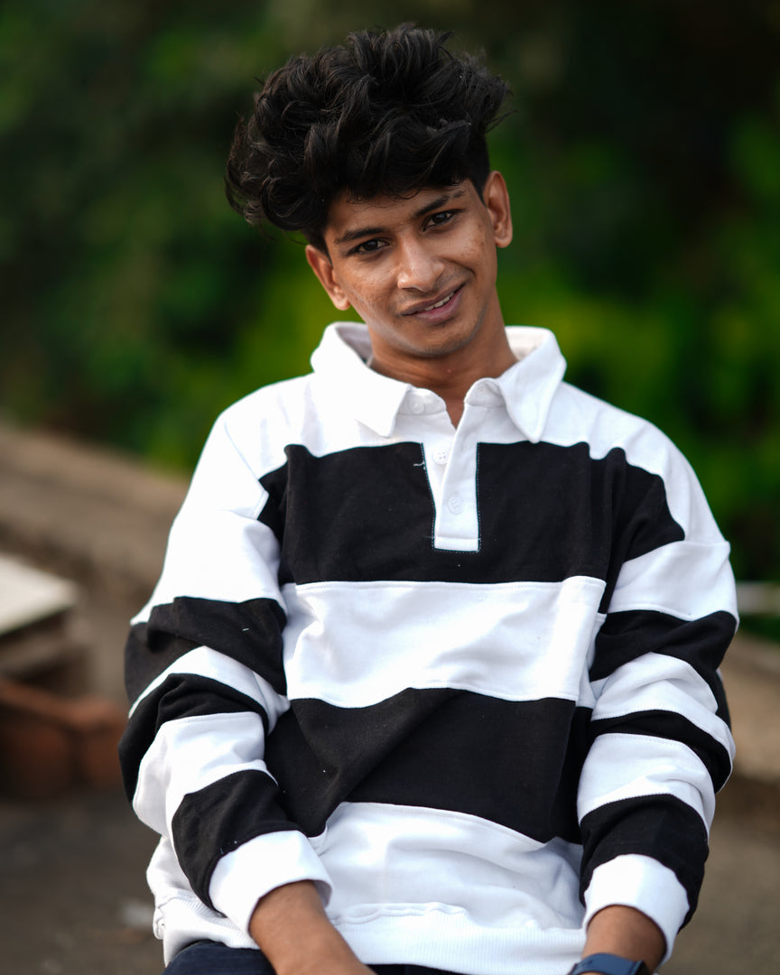 ATTRACTIVE COLLAR CUTTENS FULL SLEEVE TSHIRT-WHITE WITH BLACK