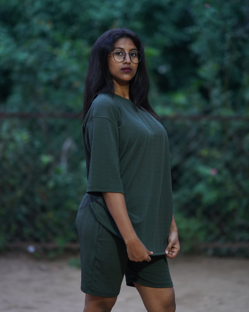 STRIPED LINE UNISEX CO-ORD SETS T-SHIRT AND SHORTS -MEHANDI GREEN