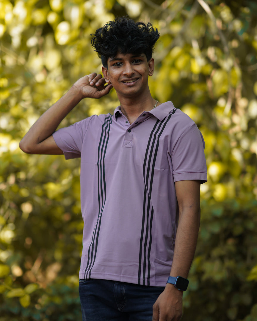 COLLAR STRIPED HALF SLEEVE TSHIRT-PURPLE WITH BLACK