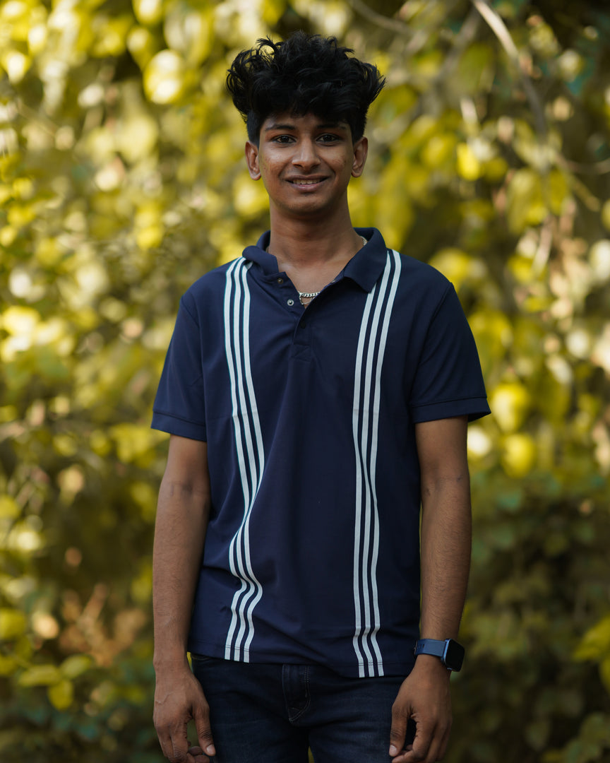 COLLAR STRIPED HALF SLEEVE TSHIRT-NAVY BLUE WITH WHITE