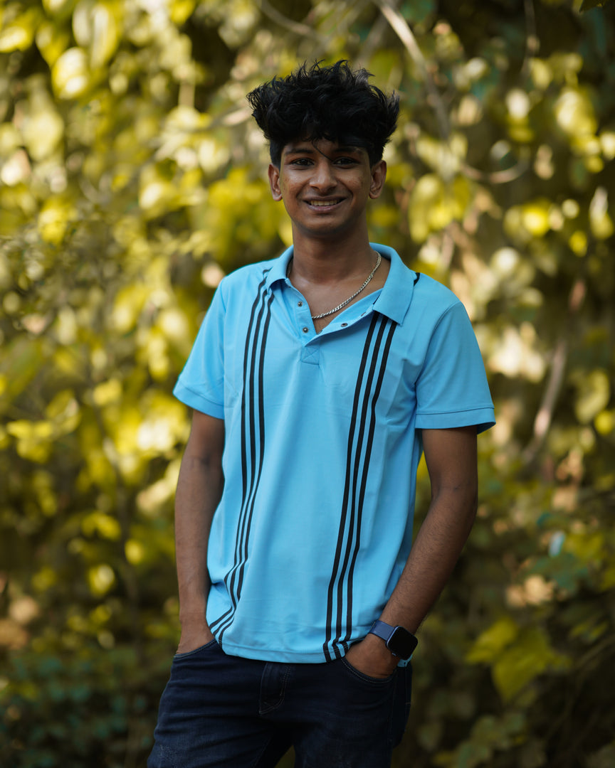 COLLAR STRIPED HALF SLEEVE TSHIRT-SKY BLUE WITH BLACK