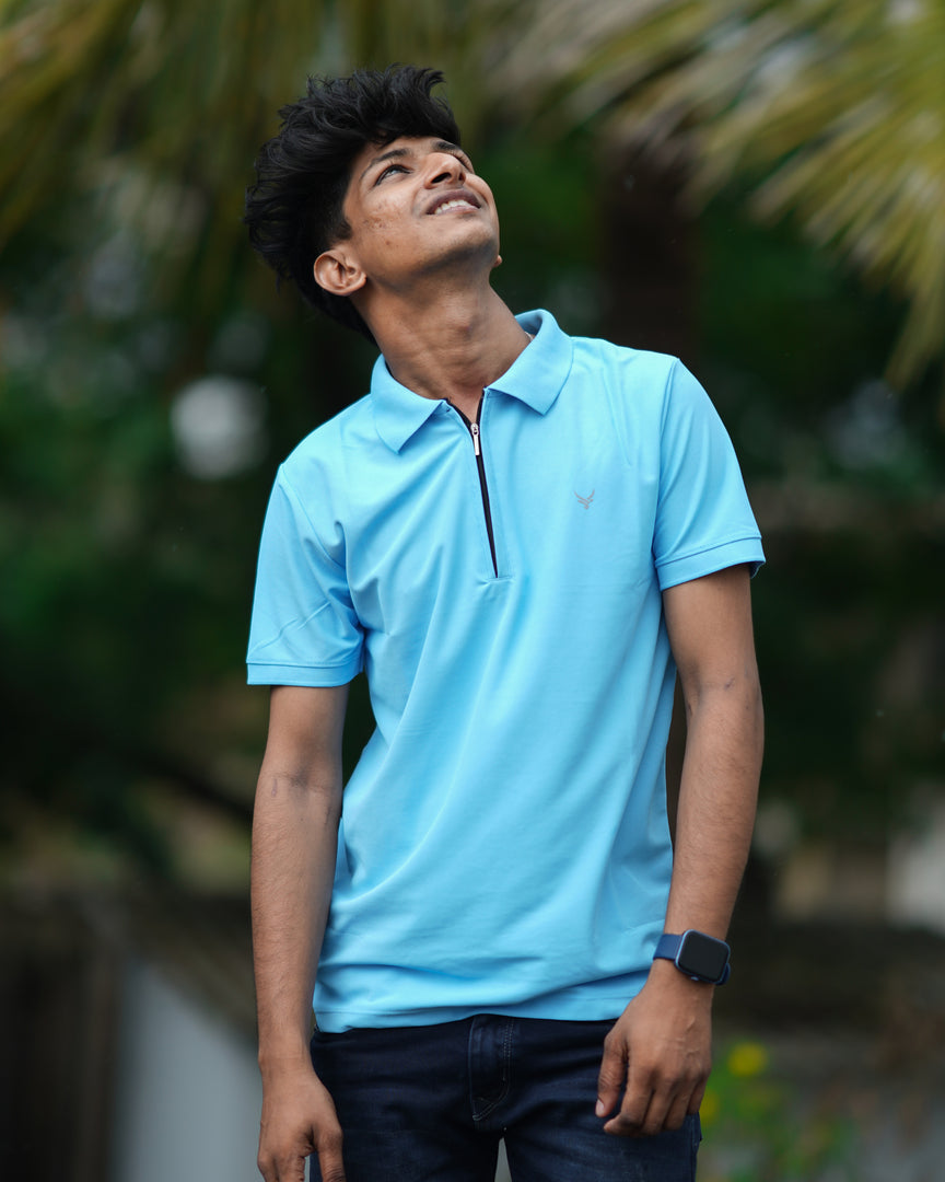 Collar Neck Mens Zipper Short Sleeve T-shirt in Sky Blue