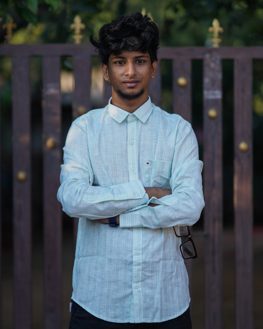 Trendy Men's Full Sleeve straight Striped Shirt-Sky Blue with White