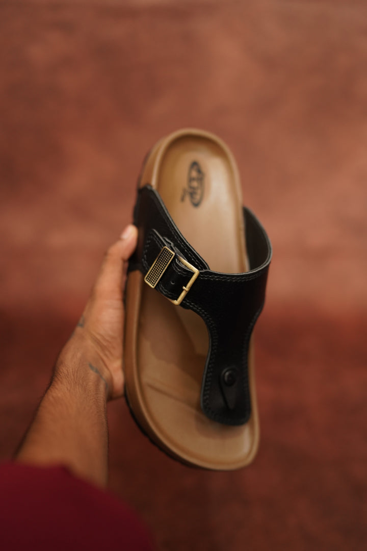 Men’s Brown & Black Leather Buckle Sandals with Brown Sole – Stylish & Comfortable