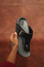 Load image into Gallery viewer, Men’s Grey &amp; Black Leather Buckle Sandals with Brown Sole – Stylish &amp; Comfortable
