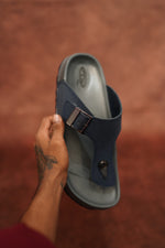 Load image into Gallery viewer, Men’s Grey &amp; Blue Leather Buckle Sandals with Brown Sole – Stylish &amp; Comfortable
