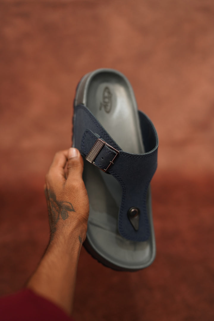 Men’s Grey & Blue Leather Buckle Sandals with Brown Sole – Stylish & Comfortable