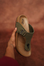 Load image into Gallery viewer, Men’s Brown &amp; Green Leather Buckle Sandals with Brown Sole – Stylish &amp; Comfortable
