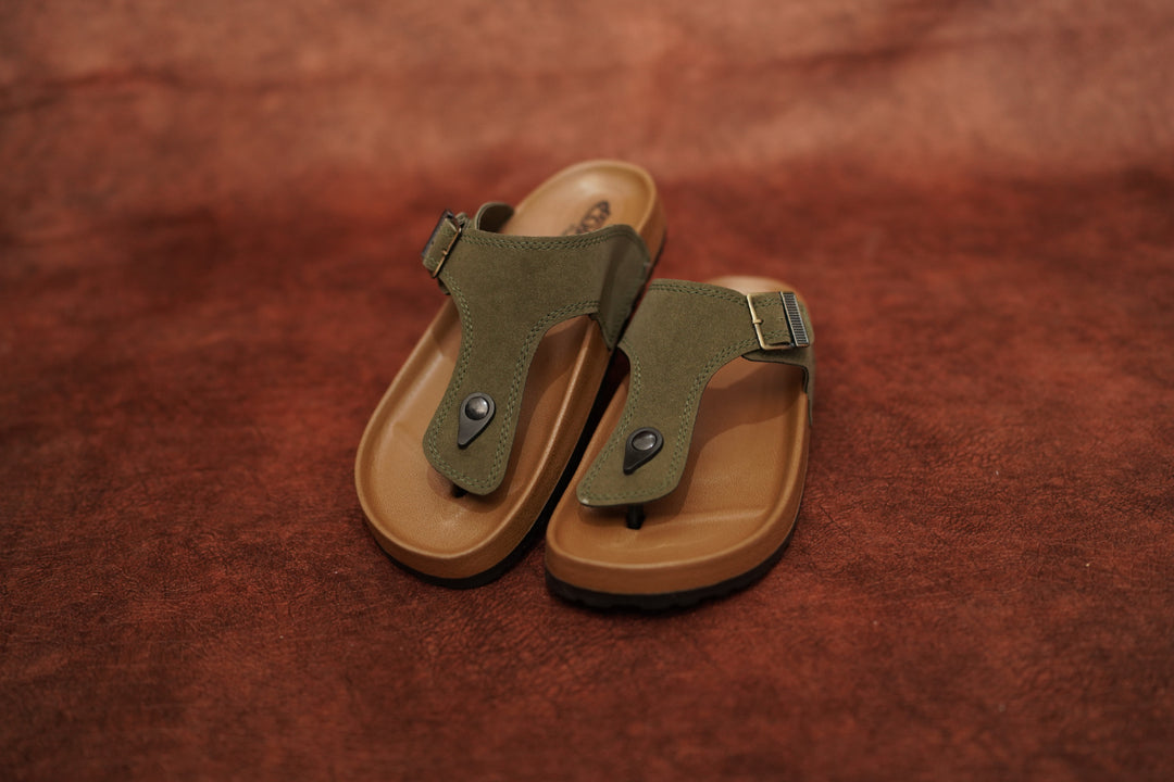 Men’s Brown & Green Leather Buckle Sandals with Brown Sole – Stylish & Comfortable