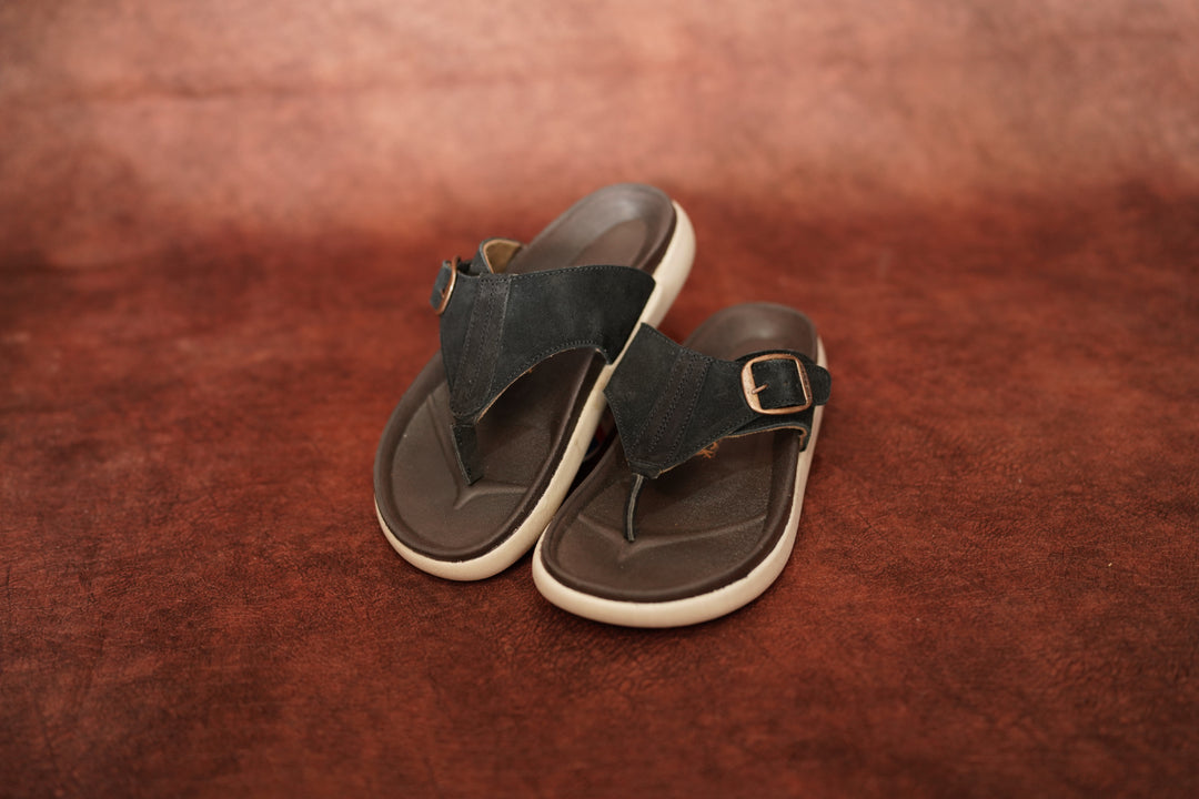 Men’s Black T Strip Leather Buckle Sandals with Brown Sole – Stylish & Comfortable