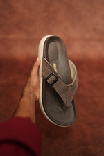 Load image into Gallery viewer, Men’s Grey T Strip Leather Buckle Sandals with Brown Sole – Stylish &amp; Comfortable
