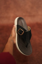 Load image into Gallery viewer, Men’s Black T Strip Leather Buckle Sandals with Brown Sole – Stylish &amp; Comfortable
