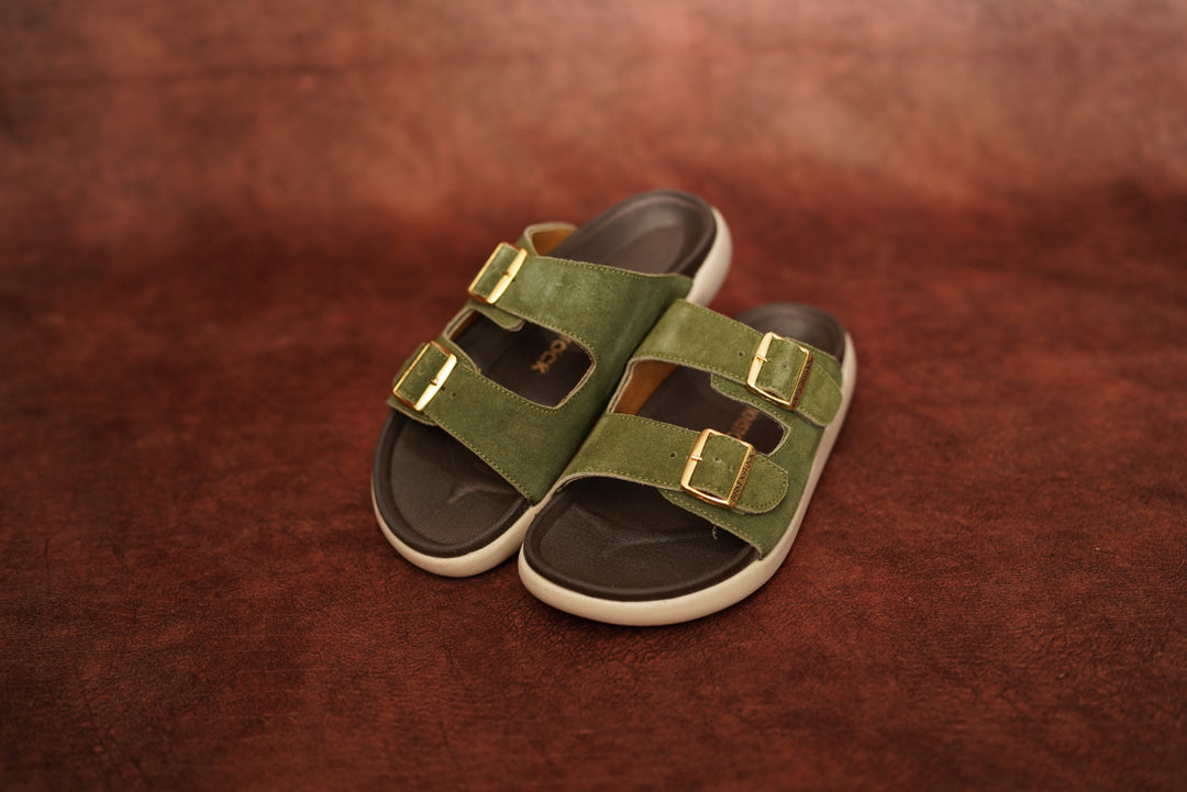 Men’s Olive Green Double Buckle Slides – Premium Comfort Suede Sandals