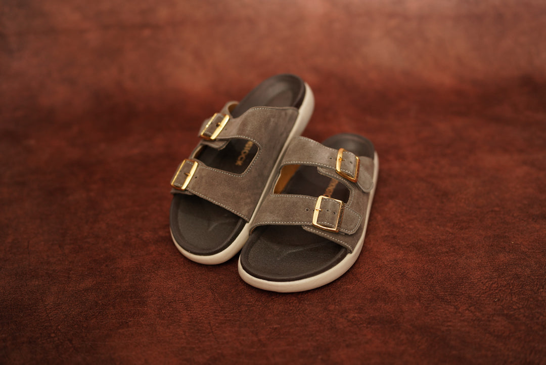 Men’s Grey Double Buckle Slides – Premium Comfort Suede Sandals