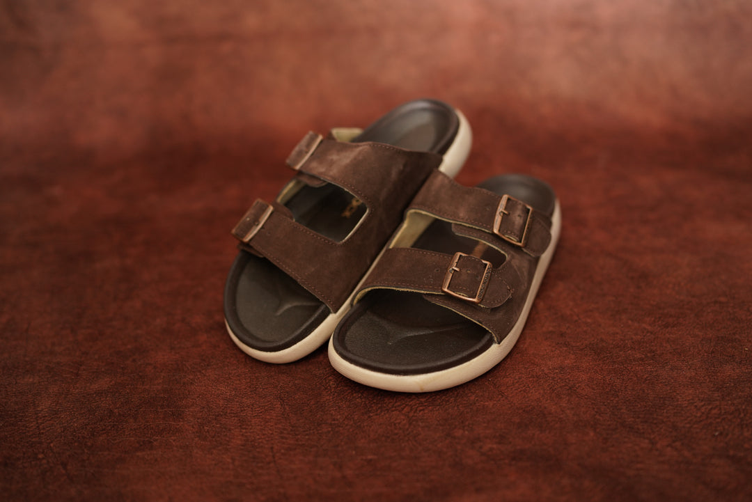 Men’s Dark Brown Double Buckle Slides – Premium Comfort Suede Sandals
