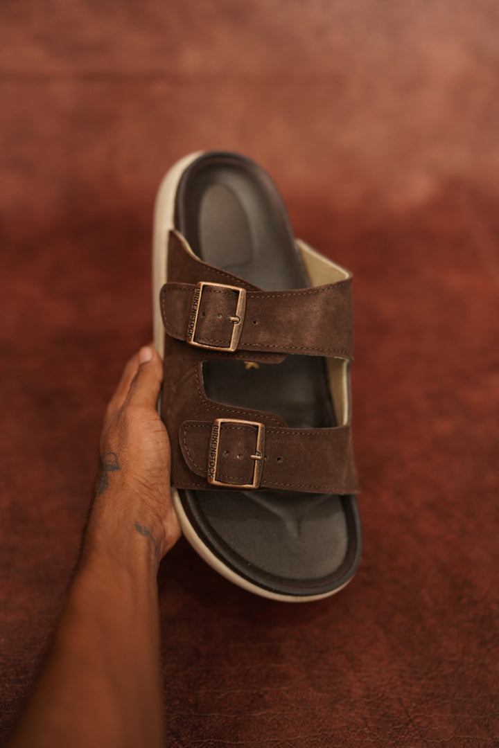 Men’s Dark Brown Double Buckle Slides – Premium Comfort Suede Sandals