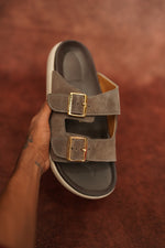 Load image into Gallery viewer, Men’s Grey Double Buckle Slides – Premium Comfort Suede Sandals
