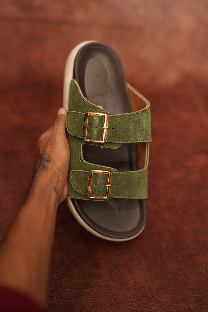 Men’s Olive Green Double Buckle Slides – Premium Comfort Suede Sandals