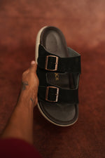 Load image into Gallery viewer, Men’s Black Double Buckle Slides – Premium Comfort Suede Sandals
