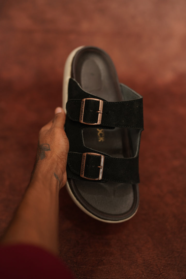 Men’s Black Double Buckle Slides – Premium Comfort Suede Sandals