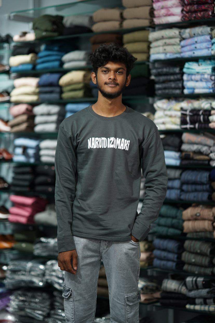 Full Sleeve NARUTO UZUMARI Back Printed Round Neck Mens Tshirt - Grey
