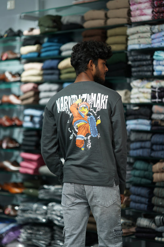 Full Sleeve NARUTO UZUMARI Back Printed Round Neck Mens Tshirt - Grey