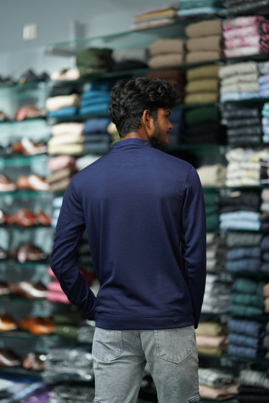 Full Sleeve Korean Tshirt for Men with Zipper Collar in Navy Blue