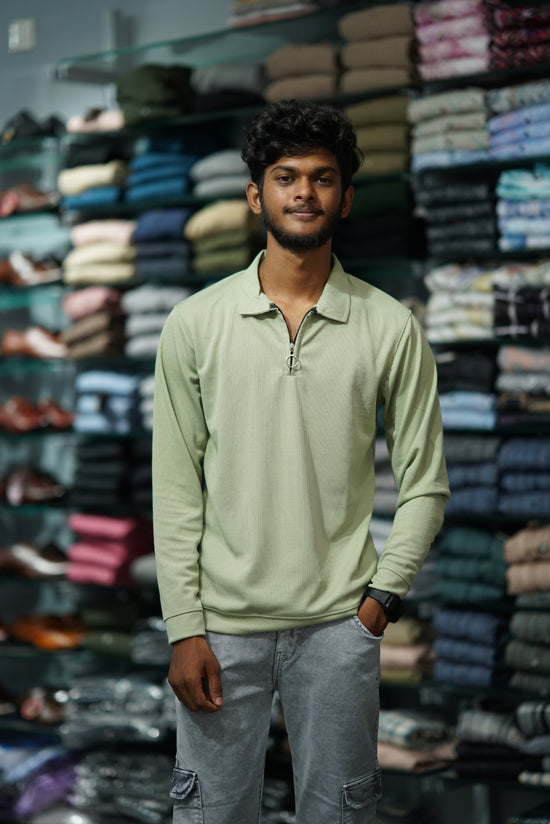 Full Sleeve Korean Tshirt for Men with Zipper Collar in Pista Green