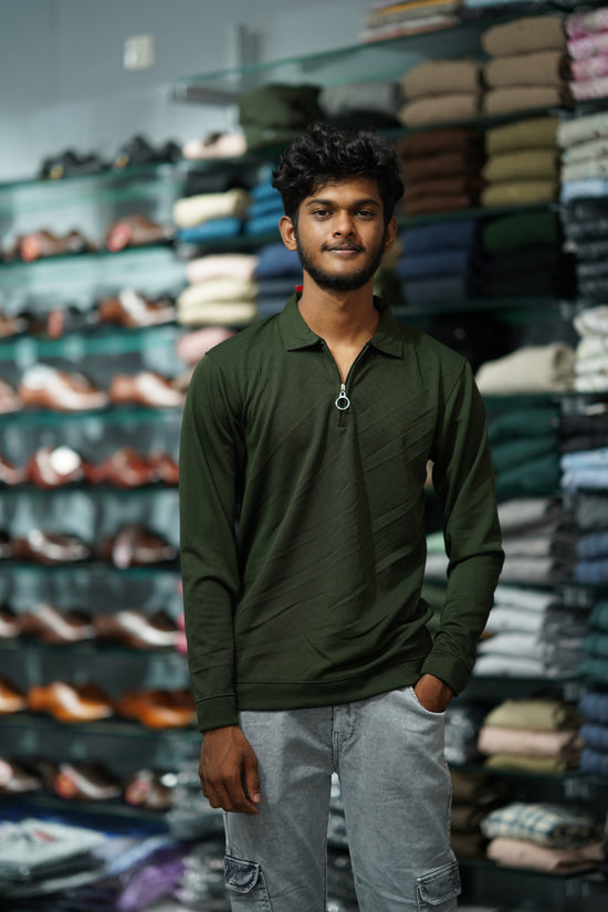 Full Sleeve Korean Tshirt for Men with Zipper Collar in Mahendhi Green
