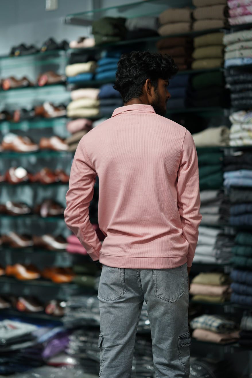 Full Sleeve Korean Tshirt for Men with Zipper Collar in Peach