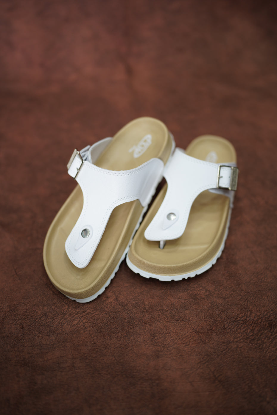 Men’s Leather Buckle Sandals with Tan Sole Stylish & Comfortable -  White